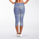 Blue And White Glen Plaid Print Women's Capri Leggings