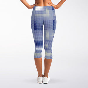 Blue And White Glen Plaid Print Women's Capri Leggings