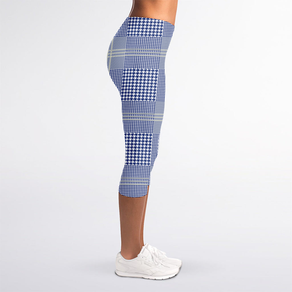 Blue And White Glen Plaid Print Women's Capri Leggings