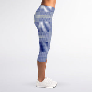 Blue And White Glen Plaid Print Women's Capri Leggings