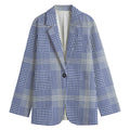 Blue And White Glen Plaid Print Women's Cotton Blazer