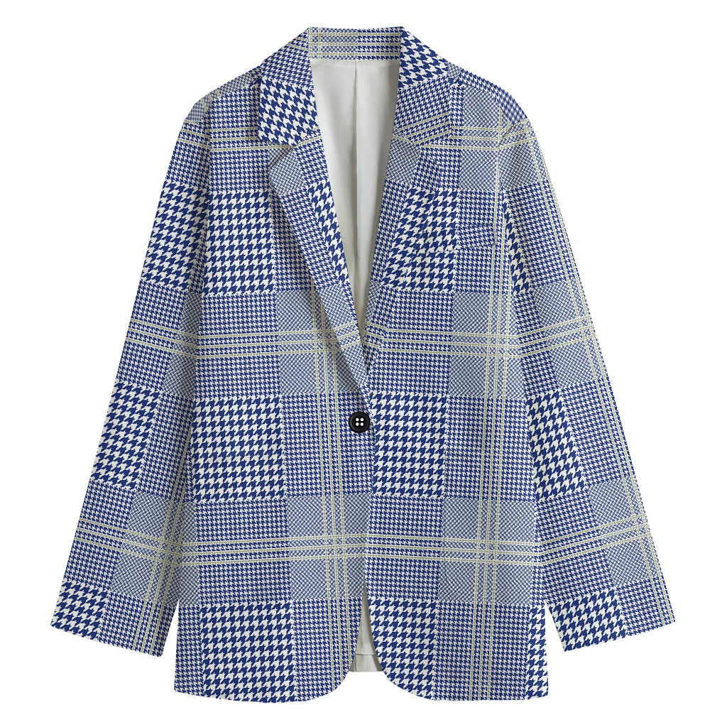 Blue And White Glen Plaid Print Women's Cotton Blazer