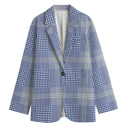 Blue And White Glen Plaid Print Women's Cotton Blazer