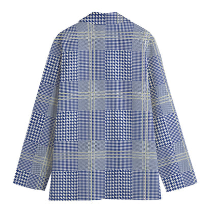 Blue And White Glen Plaid Print Women's Cotton Blazer