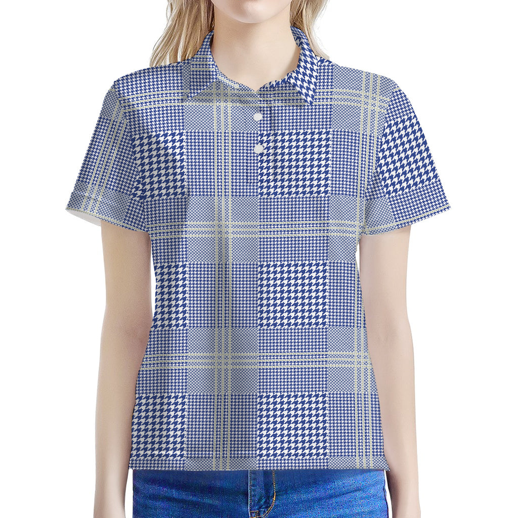 Blue And White Glen Plaid Print Women's Polo Shirt
