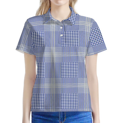 Blue And White Glen Plaid Print Women's Polo Shirt