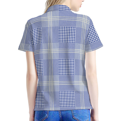 Blue And White Glen Plaid Print Women's Polo Shirt
