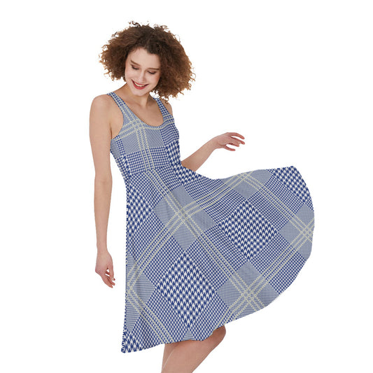 Blue And White Glen Plaid Print Women's Sleeveless Dress