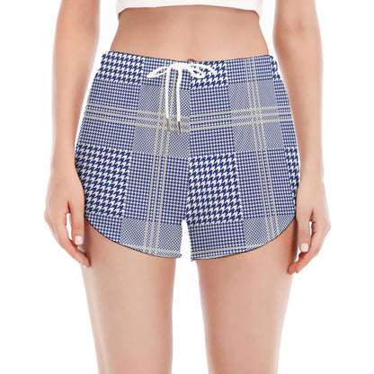 Blue And White Glen Plaid Print Women's Split Running Shorts