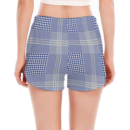 Blue And White Glen Plaid Print Women's Split Running Shorts