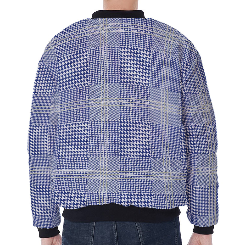 Blue And White Glen Plaid Print Zip Sleeve Bomber Jacket