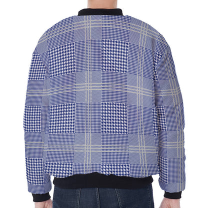Blue And White Glen Plaid Print Zip Sleeve Bomber Jacket