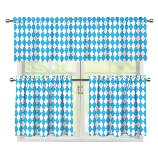 Blue And White Harlequin Pattern Print 3 Piece Kitchen Curtains
