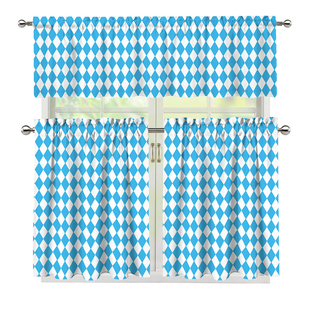 Blue And White Harlequin Pattern Print 3 Piece Kitchen Curtains