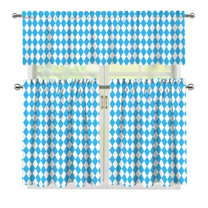Blue And White Harlequin Pattern Print 3 Piece Kitchen Curtains