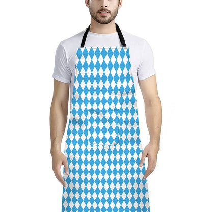 Blue And White Harlequin Pattern Print Bib Apron With Pocket