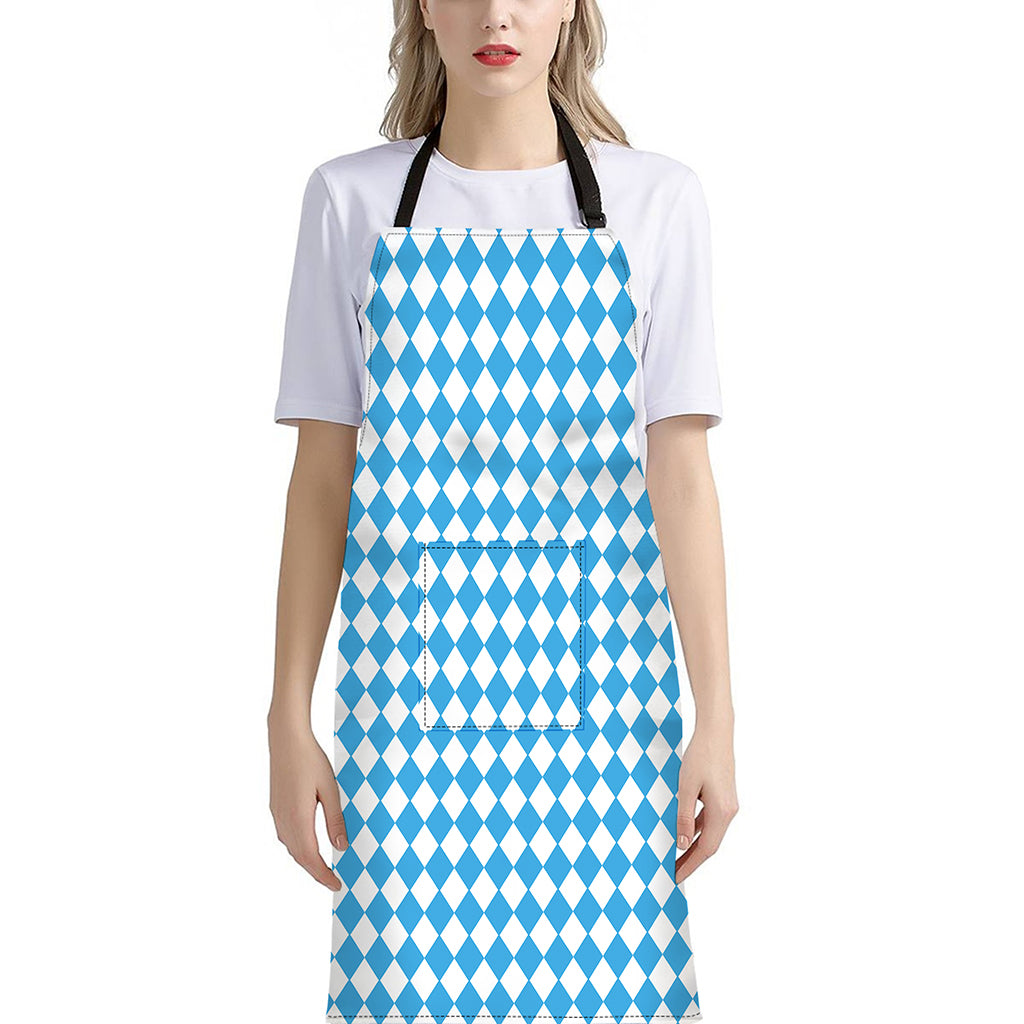 Blue And White Harlequin Pattern Print Bib Apron With Pocket