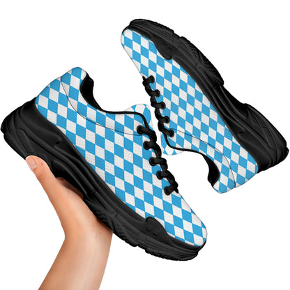 Blue And White Harlequin Pattern Print Black Chunky Shoes