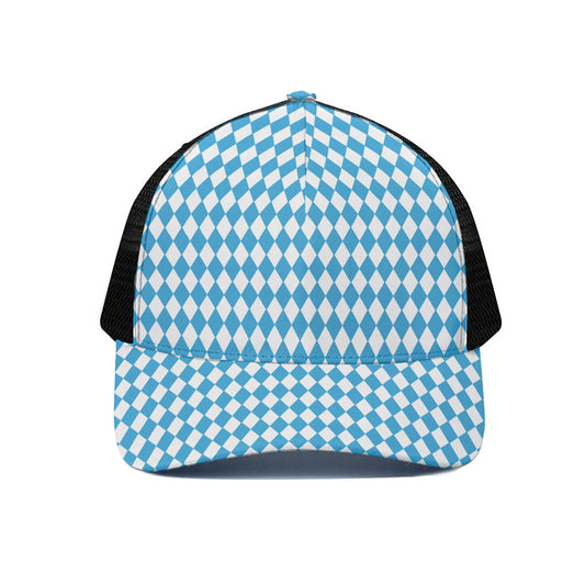 Blue And White Harlequin Pattern Print Black Mesh Trucker Cap