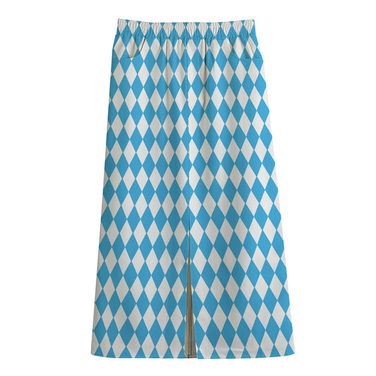 Blue And White Harlequin Pattern Print Cotton Front Slit Maxi Skirt