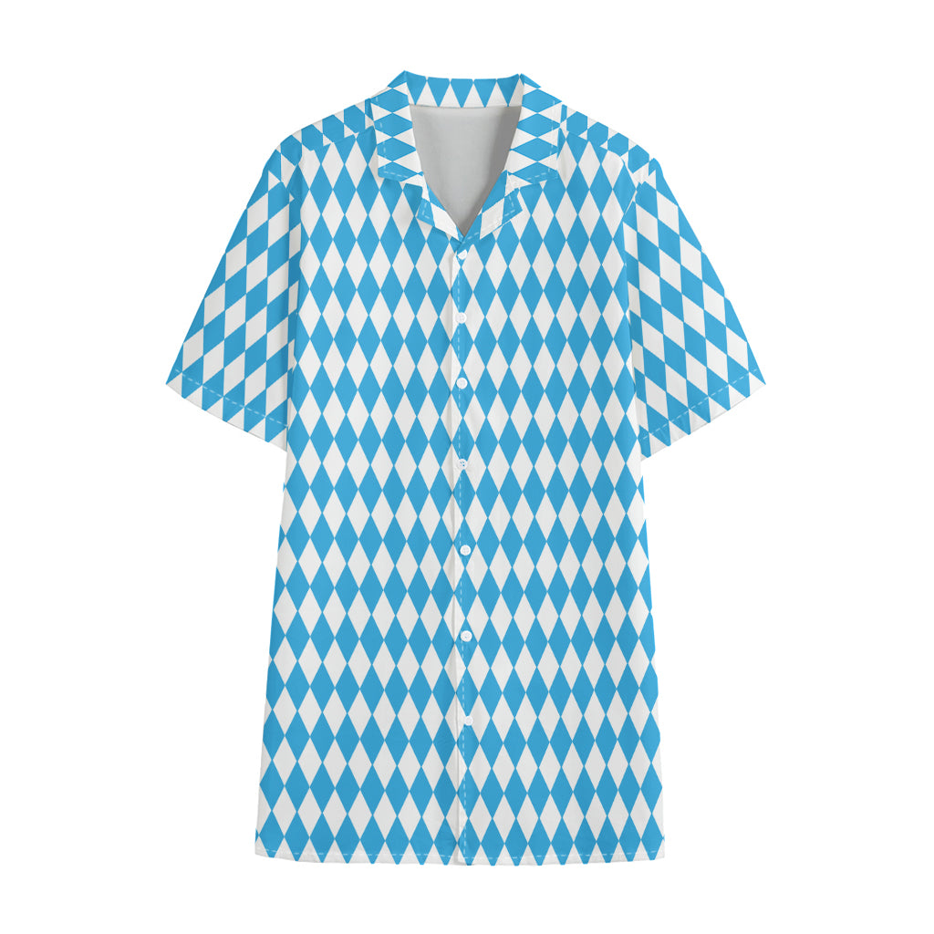 Blue And White Harlequin Pattern Print Cotton Hawaiian Shirt