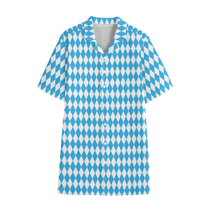 Blue And White Harlequin Pattern Print Cotton Hawaiian Shirt