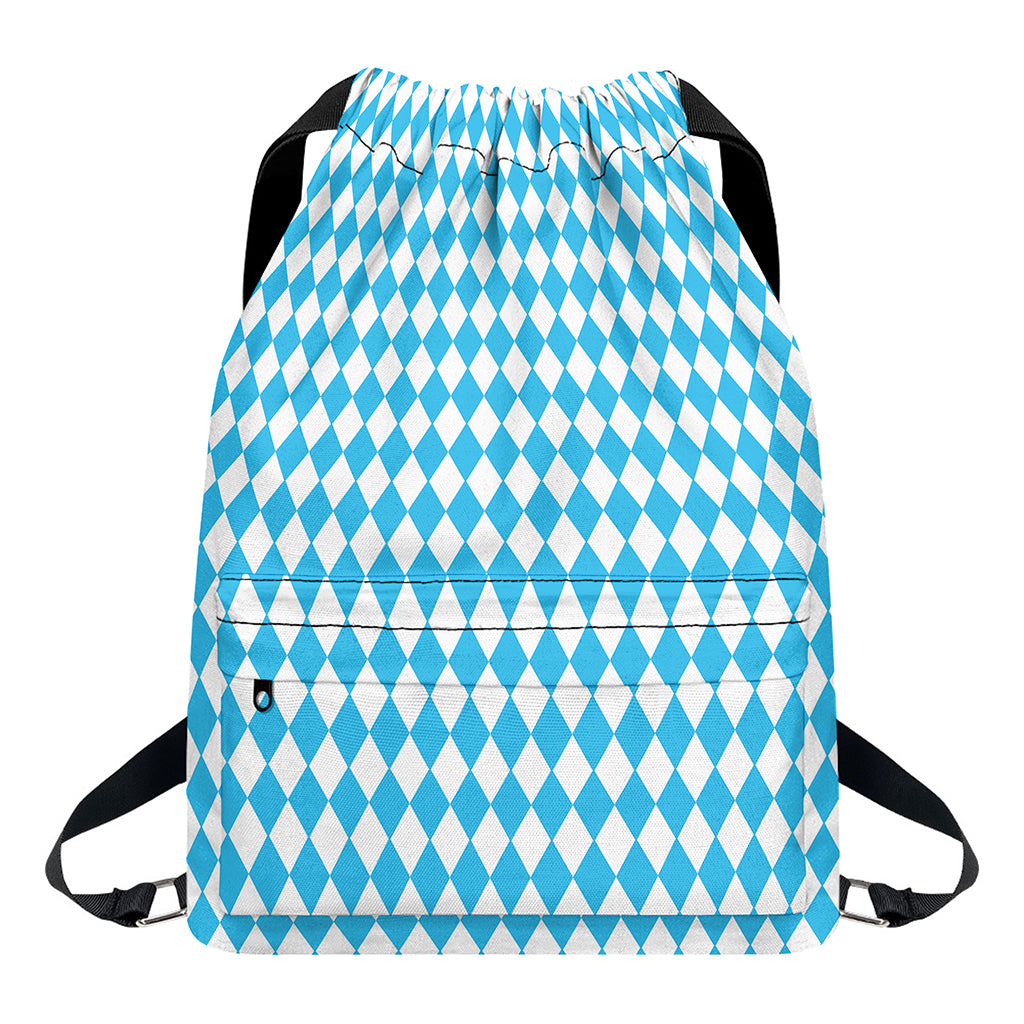 Blue And White Harlequin Pattern Print Drawstring Backpack