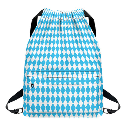 Blue And White Harlequin Pattern Print Drawstring Backpack