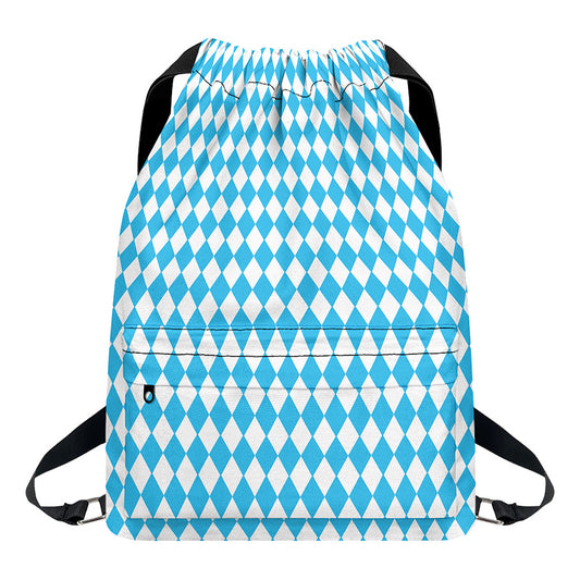 Blue And White Harlequin Pattern Print Drawstring Backpack