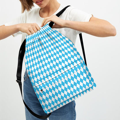 Blue And White Harlequin Pattern Print Drawstring Backpack