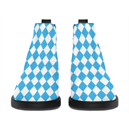 Blue And White Harlequin Pattern Print Flat Ankle Boots