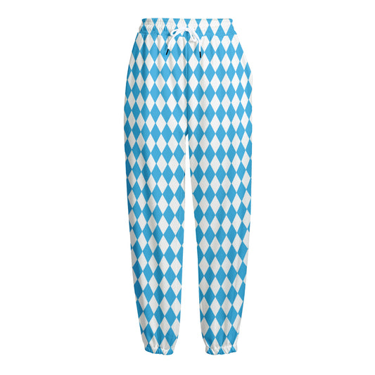 Blue And White Harlequin Pattern Print Fleece Lined Knit Pants