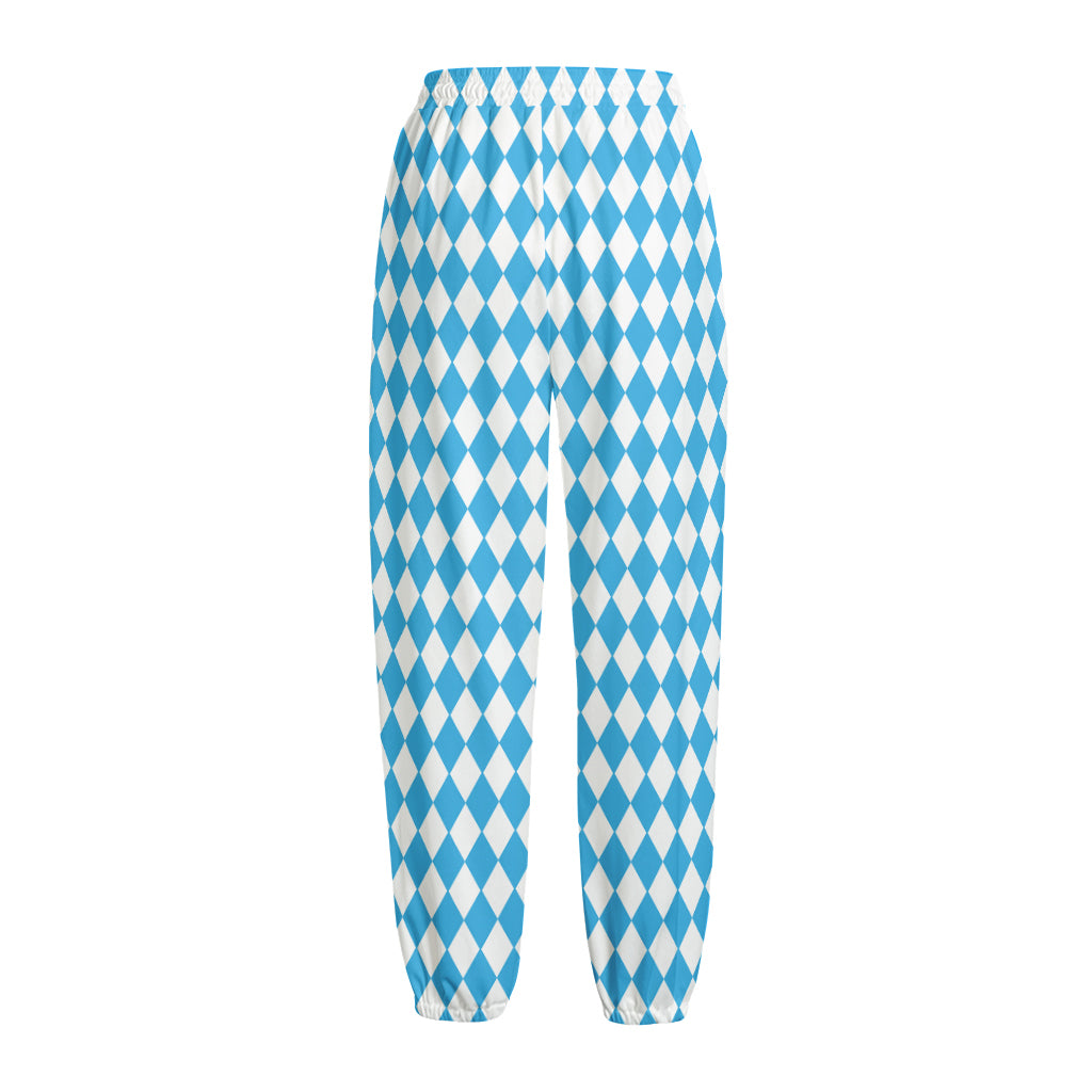 Blue And White Harlequin Pattern Print Fleece Lined Knit Pants