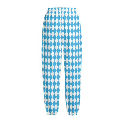 Blue And White Harlequin Pattern Print Fleece Lined Knit Pants