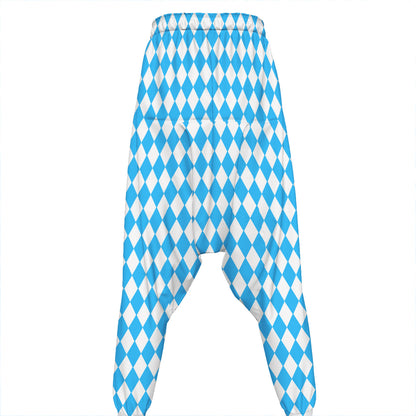 Blue And White Harlequin Pattern Print Hammer Pants