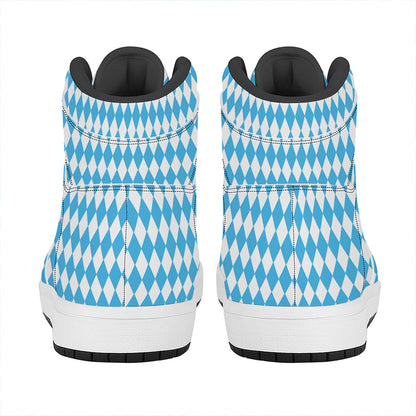 Blue And White Harlequin Pattern Print High Top Leather Sneakers