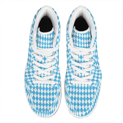 Blue And White Harlequin Pattern Print High Top Leather Sneakers