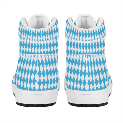 Blue And White Harlequin Pattern Print High Top Leather Sneakers