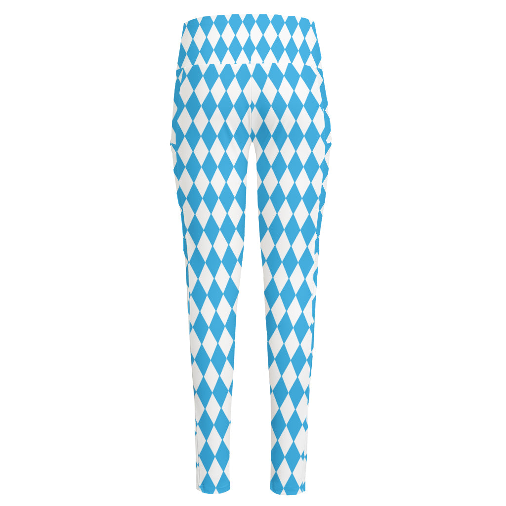 Blue And White Harlequin Pattern Print High-Waisted Pocket Leggings