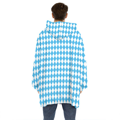 Blue And White Harlequin Pattern Print Hoodie Blanket