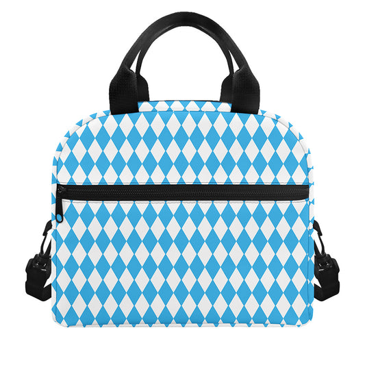 Blue And White Harlequin Pattern Print Insulated Lunch Bag