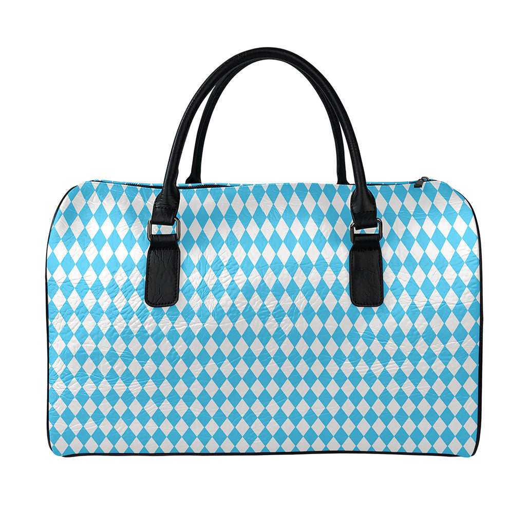 Blue And White Harlequin Pattern Print Leather Duffle Bag