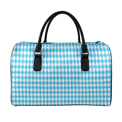 Blue And White Harlequin Pattern Print Leather Duffle Bag