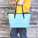 Blue And White Harlequin Pattern Print Leather Tote Bag