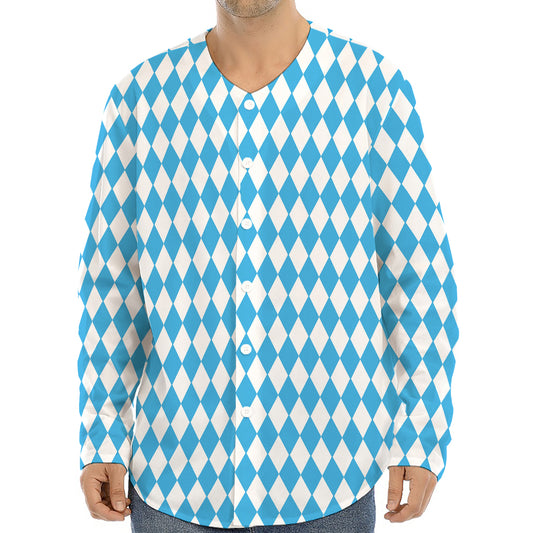 Blue And White Harlequin Pattern Print Long Sleeve Baseball Jersey