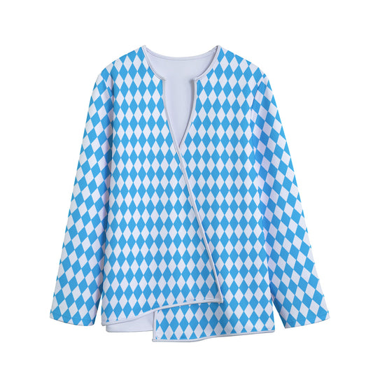 Blue And White Harlequin Pattern Print Long Sleeve Short Coat