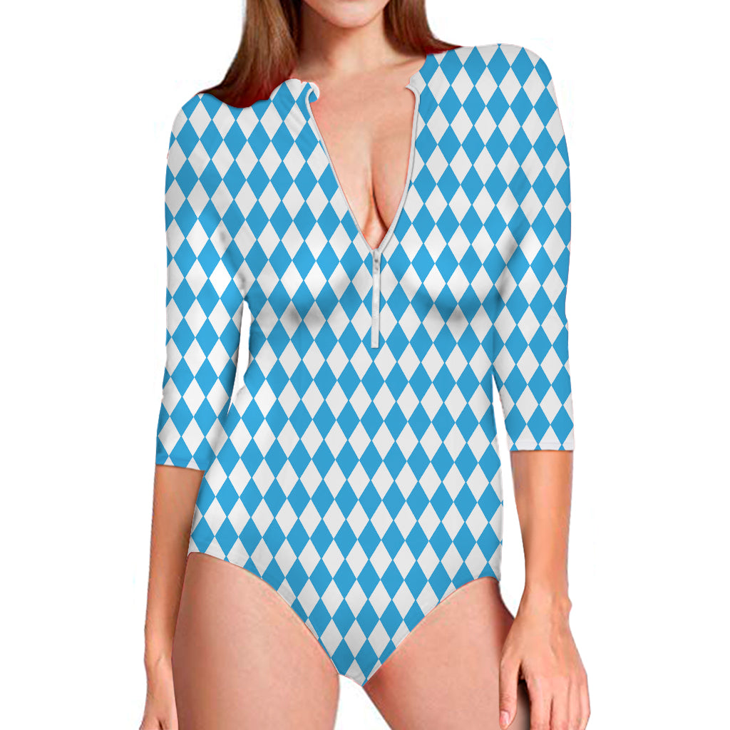 Blue And White Harlequin Pattern Print Long Sleeve Swimsuit