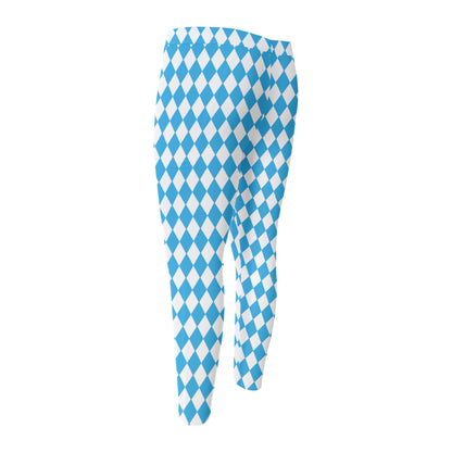 Blue And White Harlequin Pattern Print Men's Compression Pants