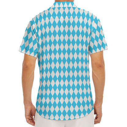 Blue And White Harlequin Pattern Print Men's Deep V-Neck Shirt
