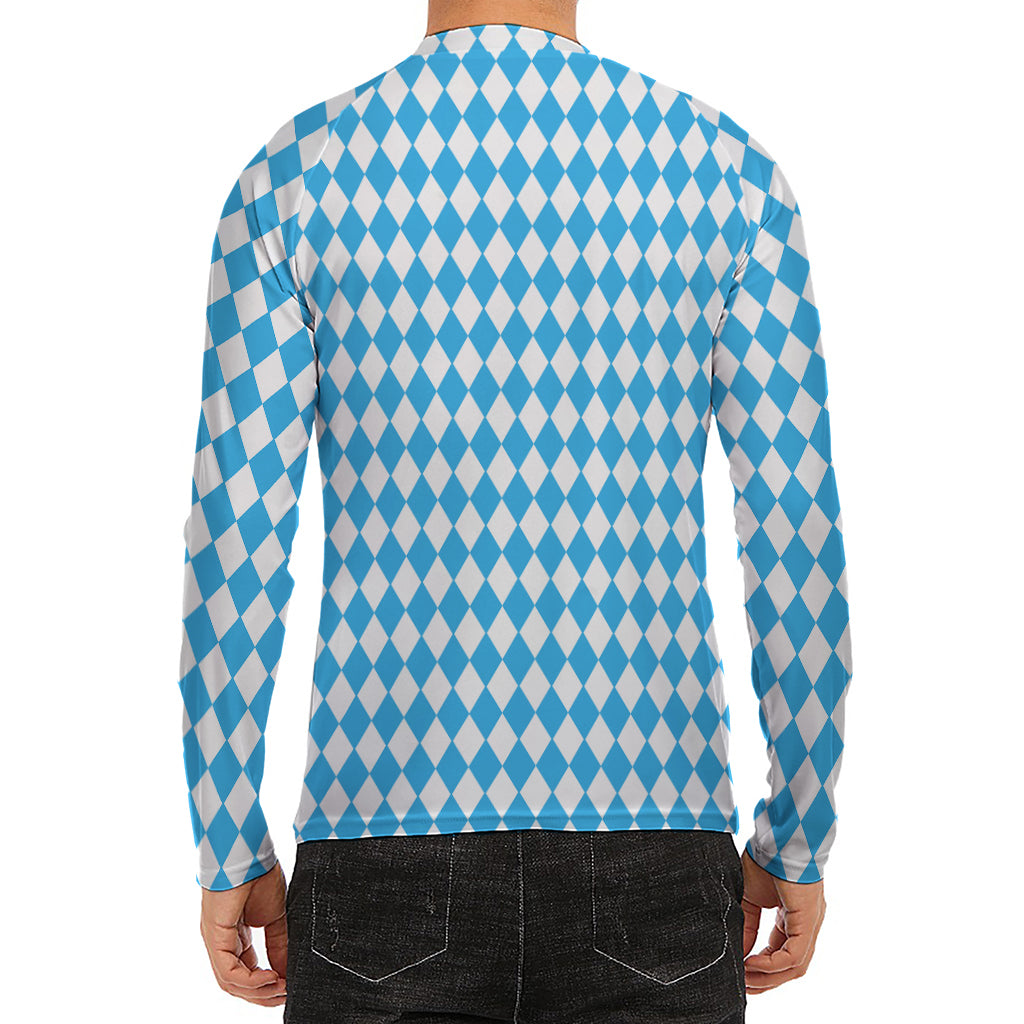 Blue And White Harlequin Pattern Print Men's Long Sleeve Rash Guard